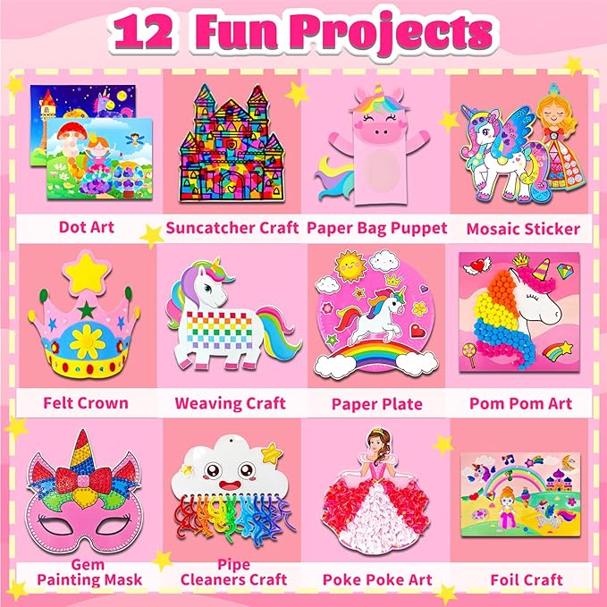 Unicorn Craft Box-12 Projects Fun Arts and Crafts for Kids Ages 4-8,Creative Educational Activity, No Mess Individually Packaged Travel Toys,Party Favors,Birthday Gift for Girls 3 4 5 6 7 8 Years Old