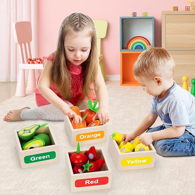 Wooden Play Food Toy Set for Kids Kitchen - 30 Pcs Montessori Cutting & Color Sorting Fake Fruit Accessories with 4 Boxes, Play Toys for Toddlers 3, Birthday Gifts for Boys Girls