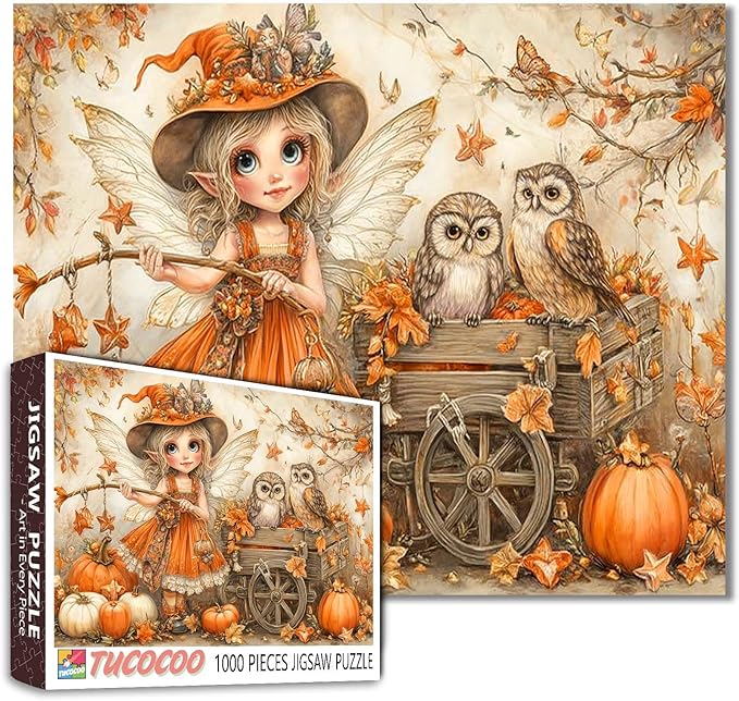 Autumn Fairy 1000 Piece Jigsaw Puzzle for Adults Pumpkins and Owls Whimsical Fall Forest Puzzles Fantasy Woodland Puzzle for Family Games Cozy Halloween Challenging Aesthetic Puzzle Gift Home Decor