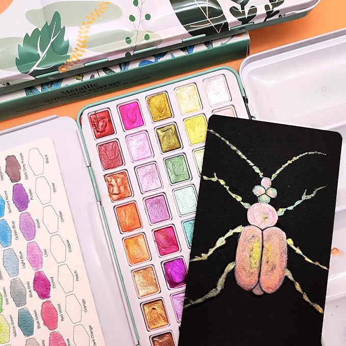 Artecho Metallic Watercolor Paints, 50 Glitter Watercolor Paint Set, Water Colors Paint Adult Set with Bottom Ring for Easy Holding, Ideal for Amateur Hobbyists, Painting Lovers and Artists