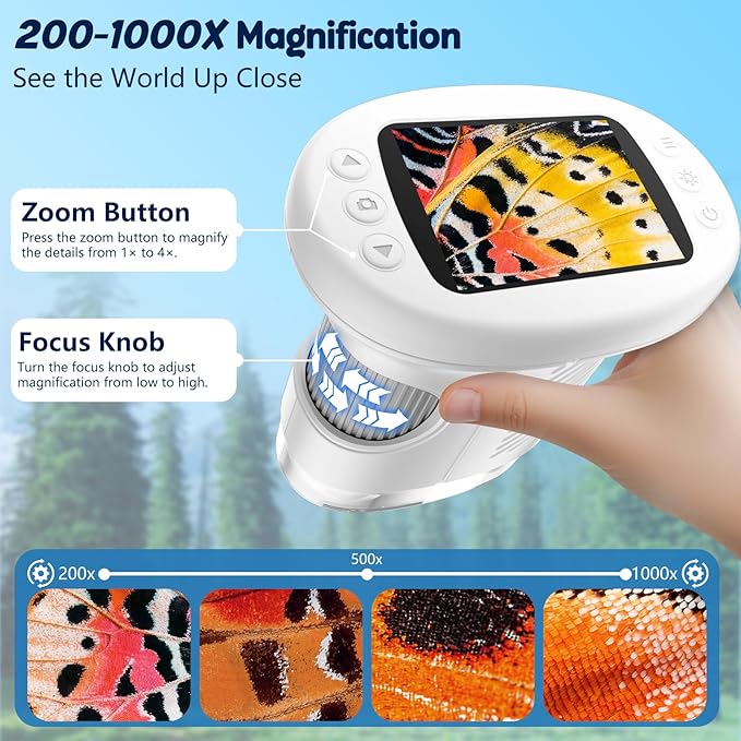 1000X Handheld Microscope for Kids, 4K 2.4" Screen Digital Kids Microscopes with 12 Slides, Portable Edu Toys Gifts for Age 3 4 5 6 7 8 9 10 11 12 Year Old Boys Girls Children Students(White)