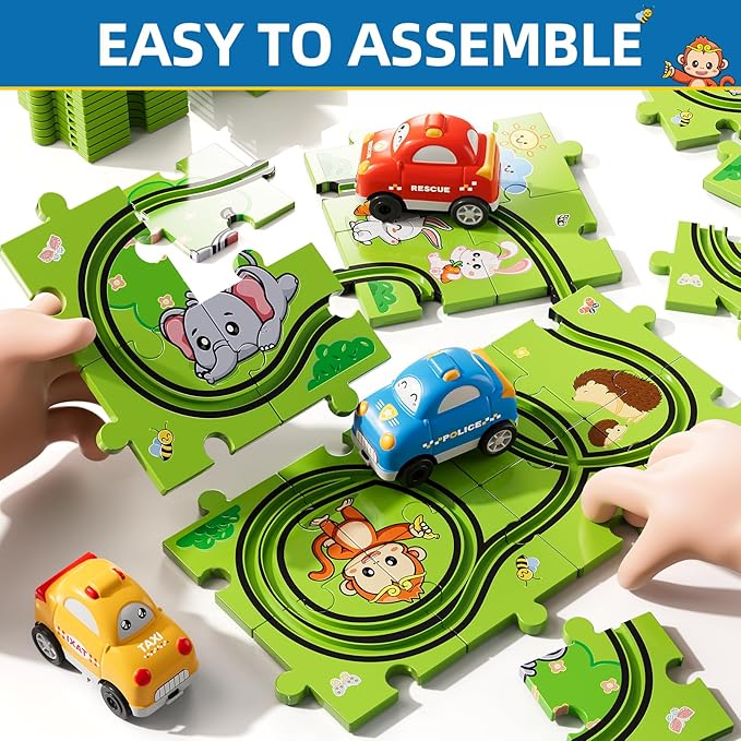 Bennol Toddler Toys Gifts for 2 3 4 5 Year Old Boys, 73 Jigsaw Puzzle Race Track Car Set Toys for Kids Boys Toddlers 1-3 2-4 3-5 4-6, Puzzle Tracks Car Toy Gifts for 2 3 4 5 Year Old Boy Kids