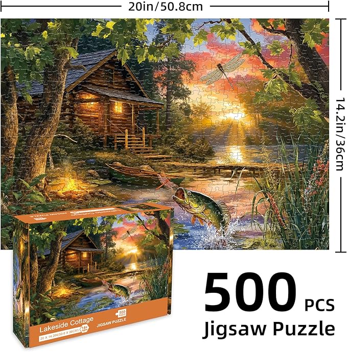 Jigsaw Puzzle for Adults 500 Pieces - Lakeside Cottage Puzzles, Nature Forest Lake Wooden Cabin Jigsaws