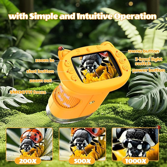 Kids Microscope, 1000X Portable Digital Microscope with 2.4″ IPS Screen & 8 LEDs, USB Rechargeable, STEM Educational Science Kit Toys, Best Christmas Birthday Gifts for 4-12 Year Old Boy Girl