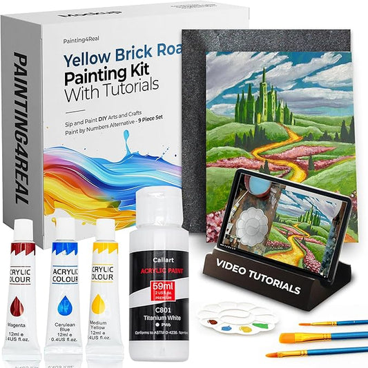 Painting4Real DIY Painting Class Kit for Adults with Video Tutorials: Learn to Paint Wizard of Oz Yellow Brick Road – How to Paint with Acrylics – Painting & Art Supplies – 9 Piece Acrylic Paint Set