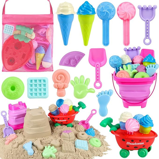 Beach Toys, Ice Cream Sand Toys with Collapsible Beach Bucket, Ice Cream Scoop and Cart, Sand Molds, Mesh Bag, Summer Outdoor Travel Toys for Toddlers 3-5