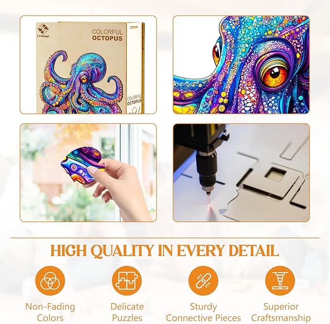 Wooden Puzzles for Adults, Wooden Jigsaw Puzzles for Adults, Wood Puzzles Adult-Colorful Octopus Unique Shaped Octopus Puzzle, Creative Birthday Gifts for Friends Family Game (13.4 * 13.3in 265pcs)