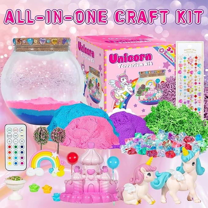 DANIUBE Unicorn Light Up Terrarium Craft Kit for Kids, DIY Unicorn Terrarium Crafts Kits with Remote LED Colorful Night Light for Kids Girls Ages 3 4 5 6 7 8-12 Years Old Birthday Gifts