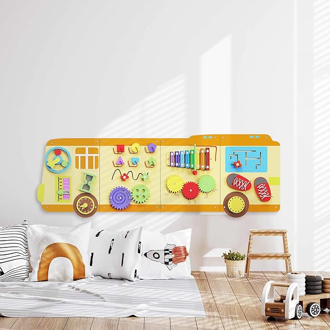 BlueWood School Bus Wall Busy Board Panels, Toddler Learning Activity Center, Montessori Philosophy Sensory, Educational Toys, Conducive to All-Round Development