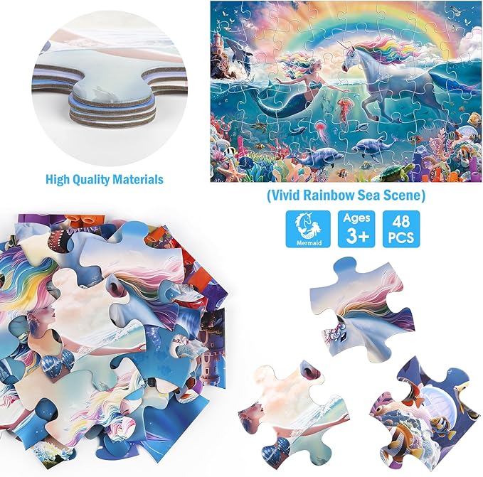 Jumbo Floor Puzzle for Kids Ages 4-8, 48-Piece Unicorn and Mermaid Underwater Jigsaw Puzzle, Large Educational Toys for Toddler Girls and Boys, Gift for 3-5 Year Olds