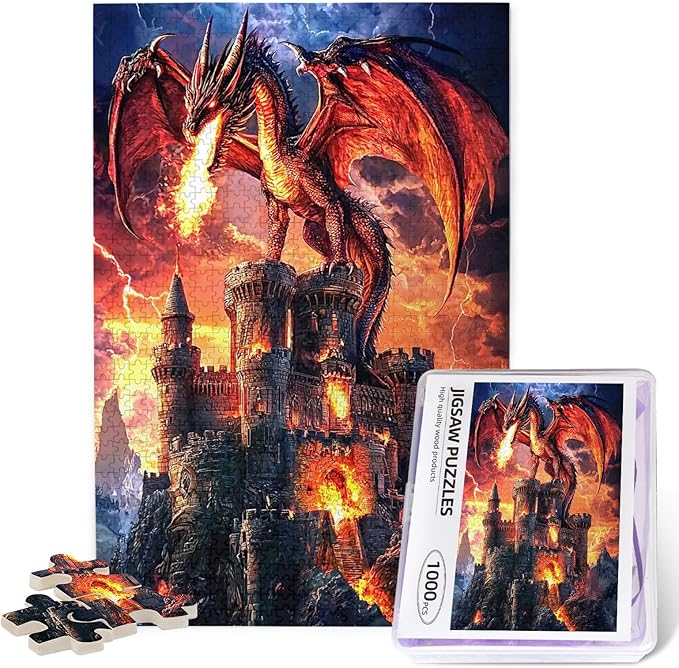 Dragon Puzzle for Adults 1000 Pieces Fantasy Red Dragon Fire Castle Puzzles Colorful and Unique Challenging Puzzle for Game Nights