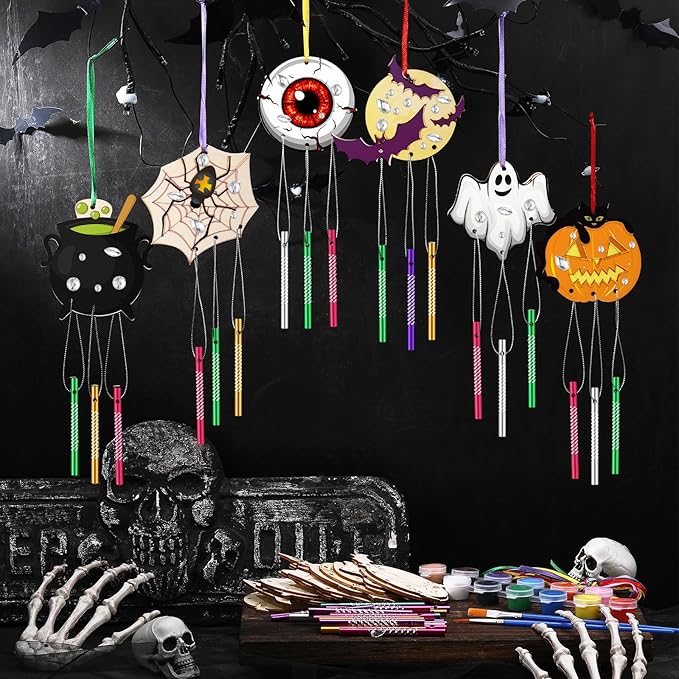 30 Pack Halloween Wind Chime Making Kit for Kids Make Your Own Halloween Wind Chime Ghost Pumpkin Bats DIY Crafts Wooden Ornaments for Activity Birthday Decoration