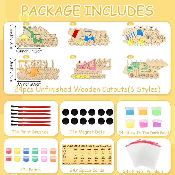 LARDUX Construction Party Favors, 24PCS DIY Wooden Arts & Crafts Painting Kit for Kids , Glow in The Dark Party Favors Family Crafts Birthday Party Christmas Gifts Toys for Boys Girls