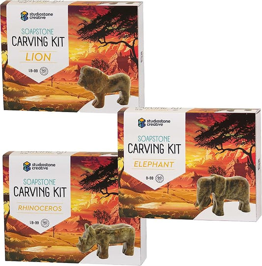 STUDIOSTONE CREATIVE DIY Arts & Crafts Carving Kit Kids Adults Safari Set of 3 Sculpture Soapstone