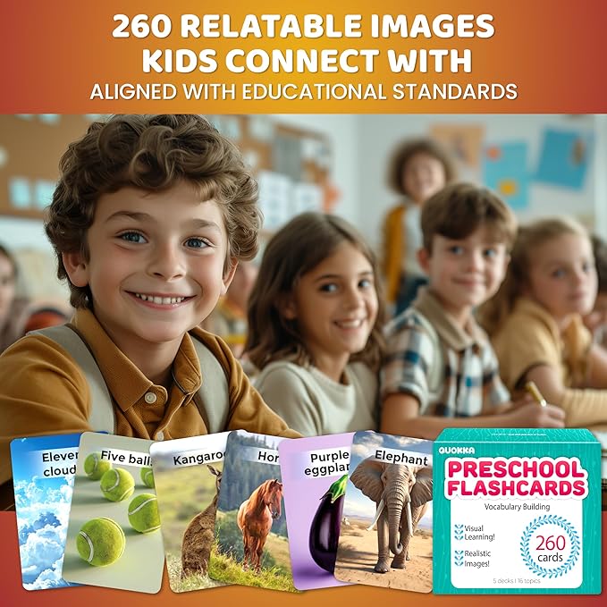 QUOKKA 260 Flash Cards for Kids Ages 3-5 with Realistic Images – Pre K Flash Cards Age 4-5 for Toddlers & Preschool, Alphabet, Numbers, Shapes, etc with 30 Learning Activities Color-Coded for Sorting