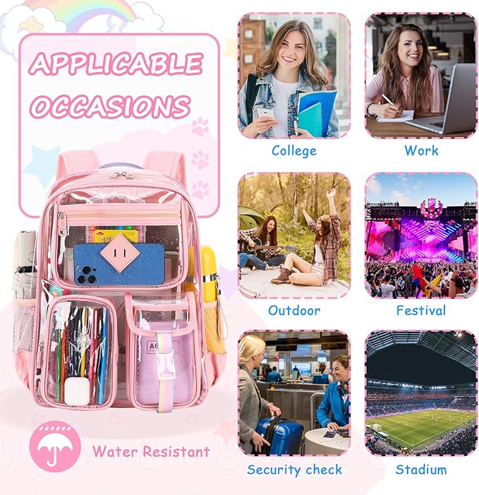 Clear Backpack for School,Heavy Duty PVC Transparent Bookbag for Girls Stadium Approved See Through Backpack
