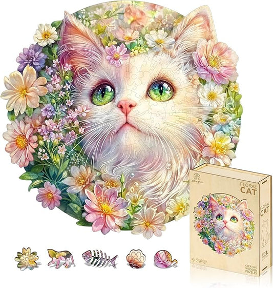 Jigfoxy Wooden Puzzles for Adults, Cat in Flowers Wood Puzzles Adult, Unique Animal Shape Wooden Jigsaw Puzzles for Adults, Birthday Gifts for Puzzle Lovers, Family, Friend (M-11.5 * 11.3in-233pcs)