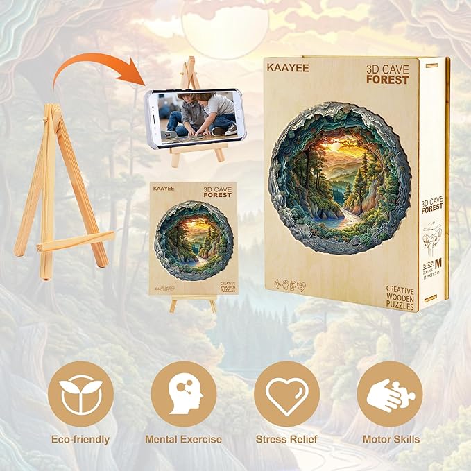 KAAYEE Wooden Puzzles for Adults, 3D Vision Effect Cave Forest Wooden Jigsaw Puzzle Unique Shape Wood Puzzle Adult, 3D Effect Flat Puzzle Birthday Family Game (XL 17.3 * 17.2in 505pcs)