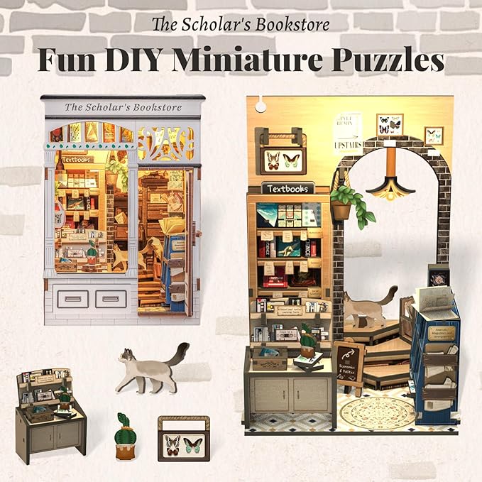 Fsolis Book Nook Kit - DIY Miniature Dollhouse Kit 3D Puzzles for Adults Tiny House Mini Booknook Craft Bookshelf Decor, 168 Wooden Pieces, Gifts for Women Book Lovers(The Scholar's Bookstore)