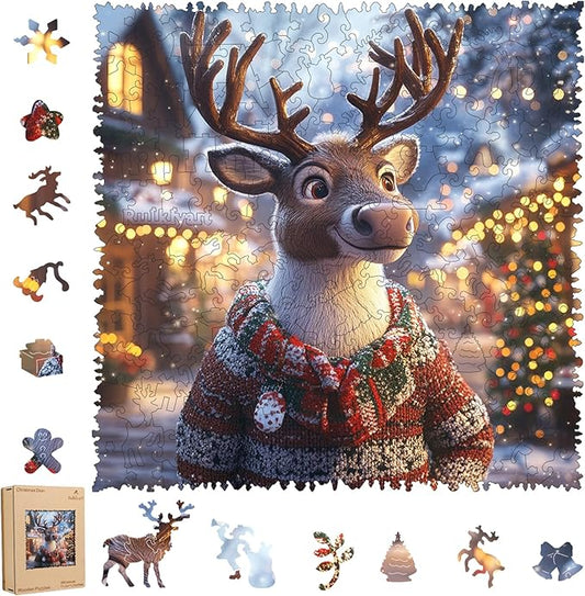 Ruikiyart Wooden Puzzles for Adults, Christmas Sweater Deer 200 Pieces Wooden Jigsaw Puzzles, Unique Shapes Pieces Christmas Deer Puzzle Great Gift for Kids and Adults (11.2"x11.2")