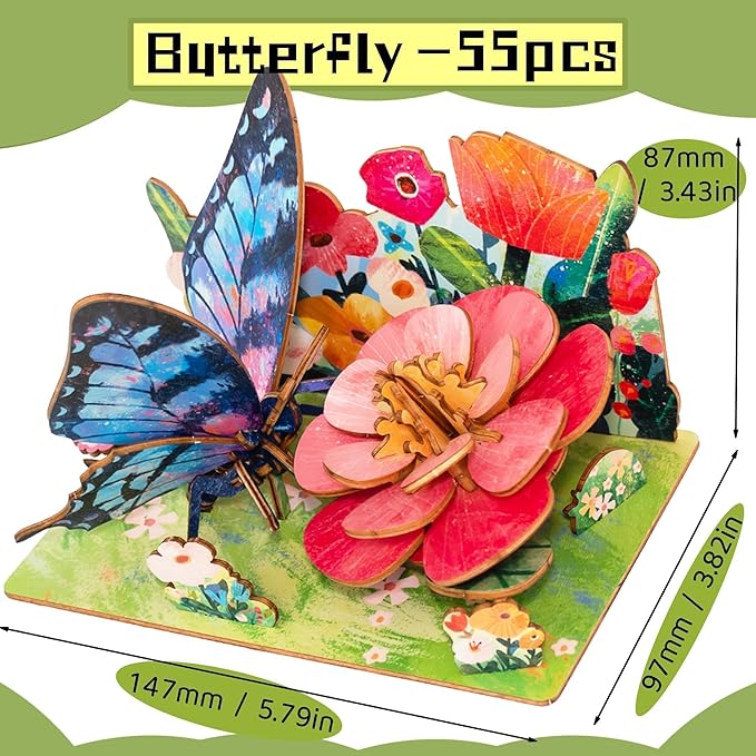 3D Wooden Puzzle for Adults, Teens and Kids - Contnovin 3D Butterfly Puzzle，55 Pieces DIY Model Building Kit, Creative Craft Decor, Relaxing Desktop Ornament, Unique Gift for Birthday and Christmas