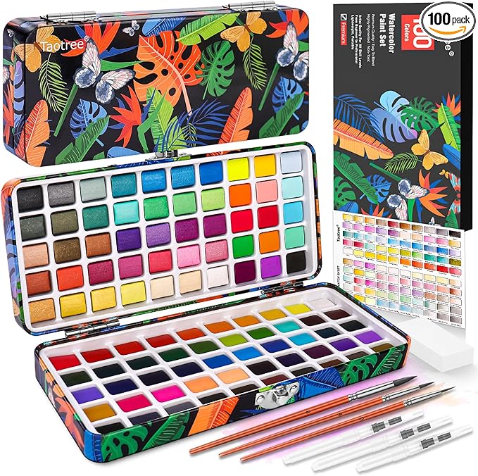 Taotree Watercolor Paint Set 100 Colors, Art Supplies Watercolors Kit Travel Water Colors with Paints Brushes, Crafts Painting Supplies, Drawing Gifts for Teens Girls Boys Kids Adults Artists
