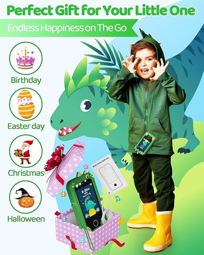 Kokodi Kids Smartphone Toy, Touchscreen HD Dual Camera Cell Phone for Kids, Dinosaur Toddler Play Phone for Boys 3-10, Learning Toy with 8GB SD Card (Green)