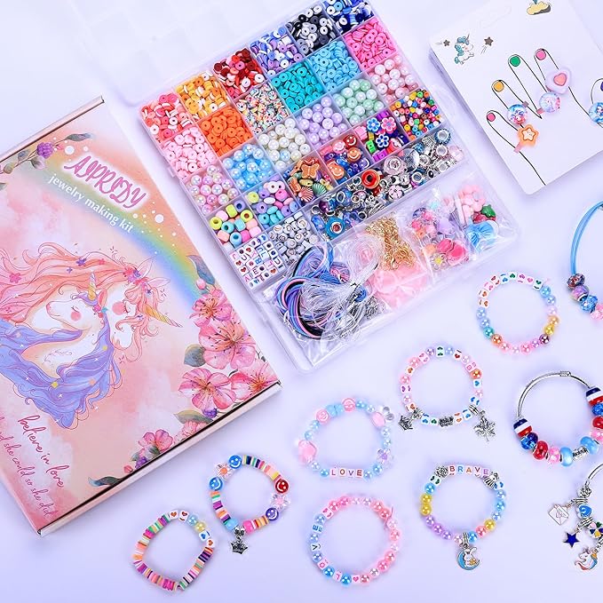 AIPRIDY 3200 Pcs Unicorn Jewelry Activity Kit,Clay Beads Bracelet Making Kit,Flat College Style Beading for Friendship Jewelry Making,Crystal Time Gem Ring Gifts,DIY Crafts for Teen Girls(Pink)