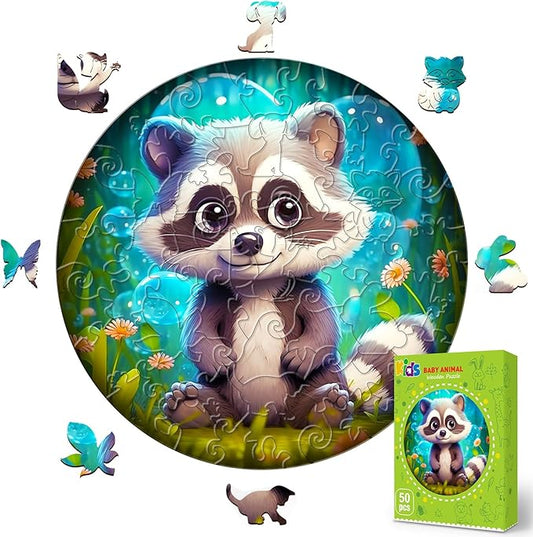 Christmas Birthday Gifts for Kids Girls Boys, Wooden Jigsaw Puzzles for Kids Ages 4-6, 50 Piece Unique Shape Animal Theme Puzzle - Preschool Learning Educational Toys for Kid 3+ (Raccoon)