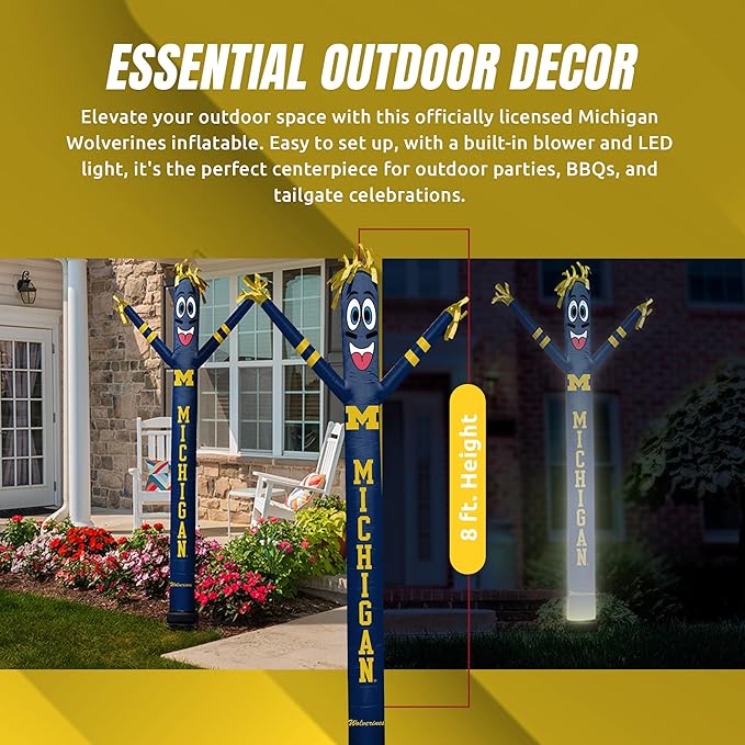 NCAA Michigan Wolverines Football Wacky Waving Inflatable Tube Guy with LED Lights & Built-in Blower - 6" x 36" x 96" Inflatable Tube Man Crazy Sports Fan Outdoor Party Decoration