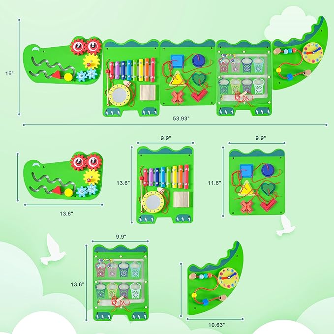 Crocodile Sensory Toys Activity Wall Panels - Montessori Busy Board, Toddler Learning Panel, Wall-Mounted Playroom/Daycare Educational Toys, Interactive Wooden Gift for Kids 3-6, Green