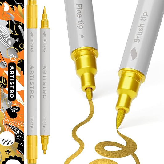 ARTISTRO 2 Gold Dual-Tip Acrylic Paint Pens - Multisurface Metallic Markers for Glass, Rock, Fabric, Wood, Plastic & More - 1 mm Fine & Brush Tips