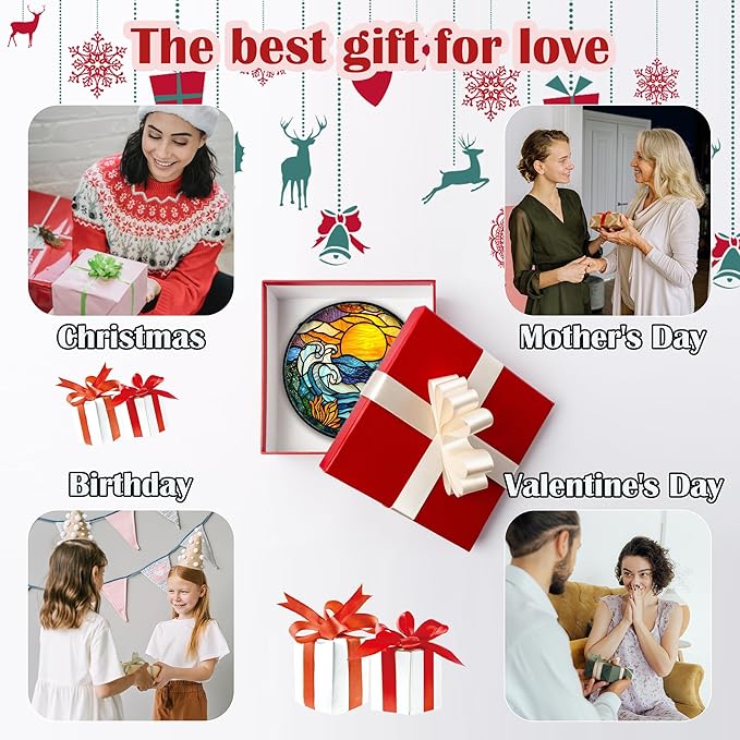 Stained Glass Window Hanging, Orange Sun Blue Sea Waves Landscape Suncatcher for Doors Window Home Sun Catchers Decor Mother's Day Birthday Gifts for Women, Men Mom 11.8 in