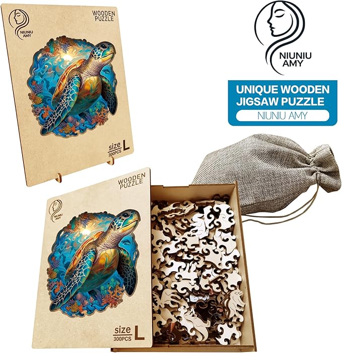 Wooden Puzzle,Coral Sea Turtle Jigsaw Puzzles 300 Piece,Fun Challenging Puzzles Family Game Gift,Unique Shape Puzzles for Adults 14.9 x 14.9 Inch