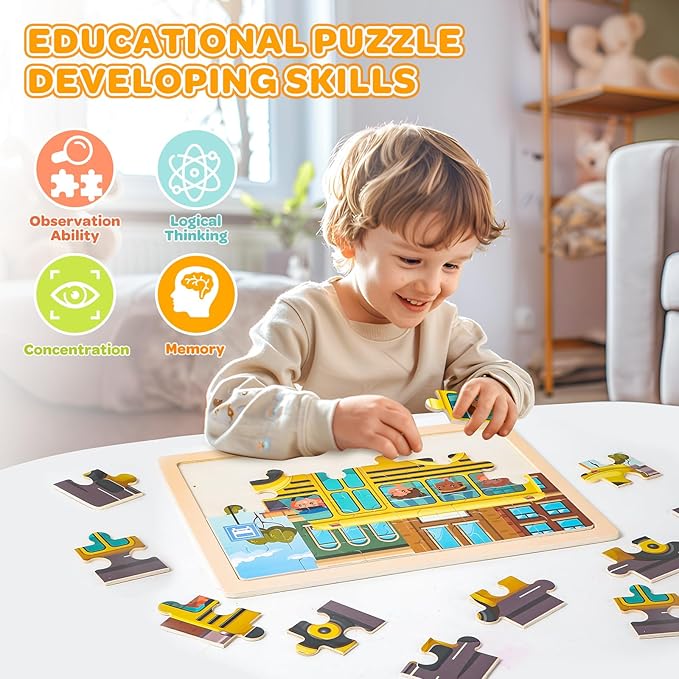 Wooden Puzzles for Kids Age 3 4 5 Year Old, 4 Pack 24 Pcs Toddler Jigsaw Puzzles for Girl Boy Vehicle Activities Preschool Learning Educational Birthday Gift Travel Autistic Wooden Toys