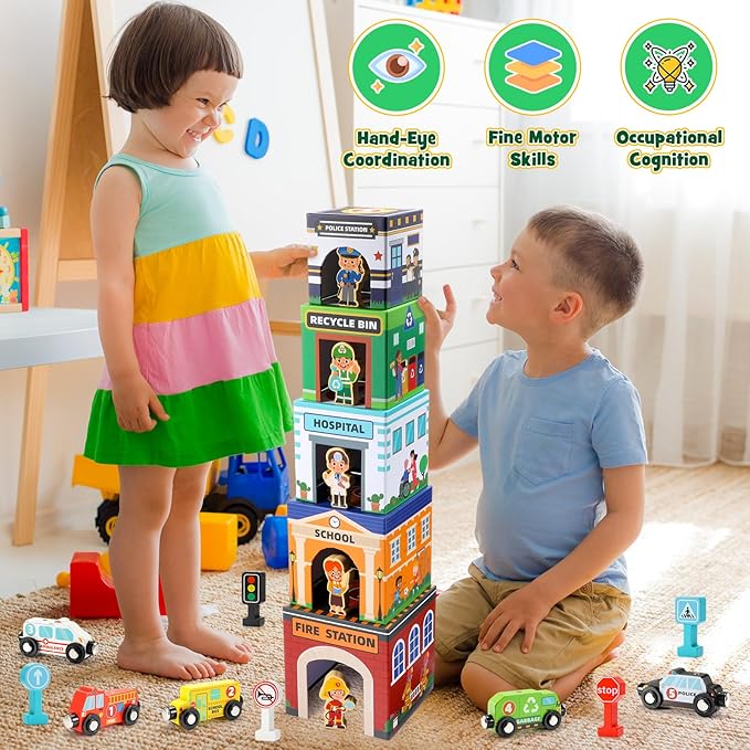 Baby Stacking Toys for Toddlers, Magnetic Wooden Cars & Garage Sorting Community Helpers Preschool Educational Learning Montessori Toys Birthday Gifts for Kids Number Blocks Nesting Boxes
