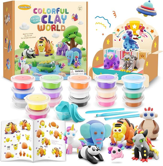 Drama Planet Air Dry Clay Kit for Kids - Comes with Instructional Guide Featuring 4 Scenes & 26 Projects Tutorials, 18 Cans of Modeling Clay, Includes Display Stand, Gift for Girls and Boys