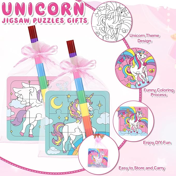 12 Sets Unicorn Puzzles Rainbow Color Your Own Puzzles DIY Jigsaw Crafts with 12 Stackable Crayons and 12 Bags for Pastel Macarons Theme Gifts Birthday Party Supplies(12, Unicorn)