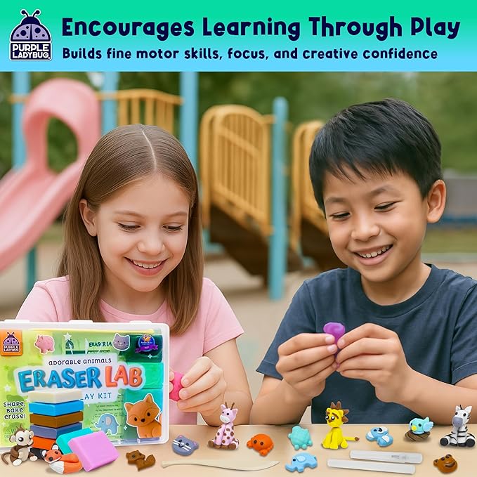 PURPLE LADYBUG DIY Clay Cute Mini Eraser Kit for Kids - Students Desk Pet Animals Make Your Own Erasers Kit, Arts and Crafts for Kids Ages 8-12 4-8, Ideal for School Supplies, Gifts & Creative Play