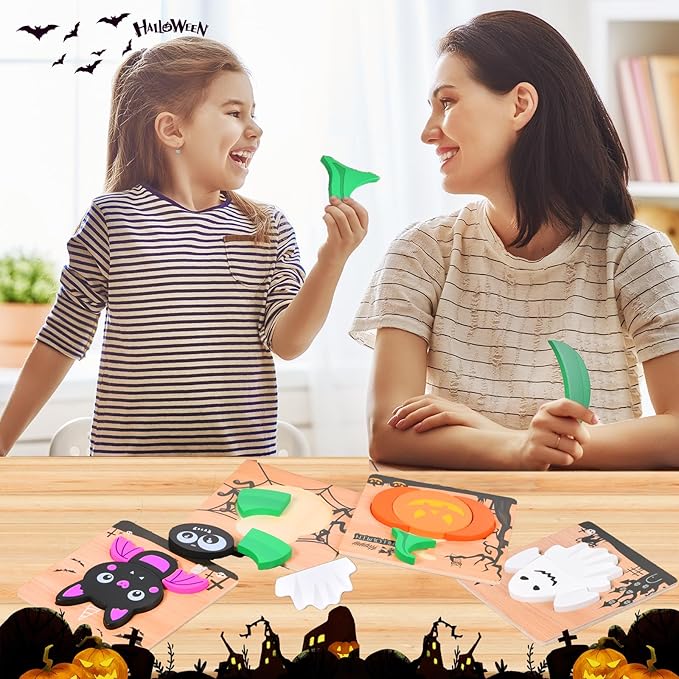 4 Pack Halloween Wooden Puzzles for Kids Toddlers Jigsaw Puzzles Halloween Toys for Halloween Party Favors Treat Bag Prizes