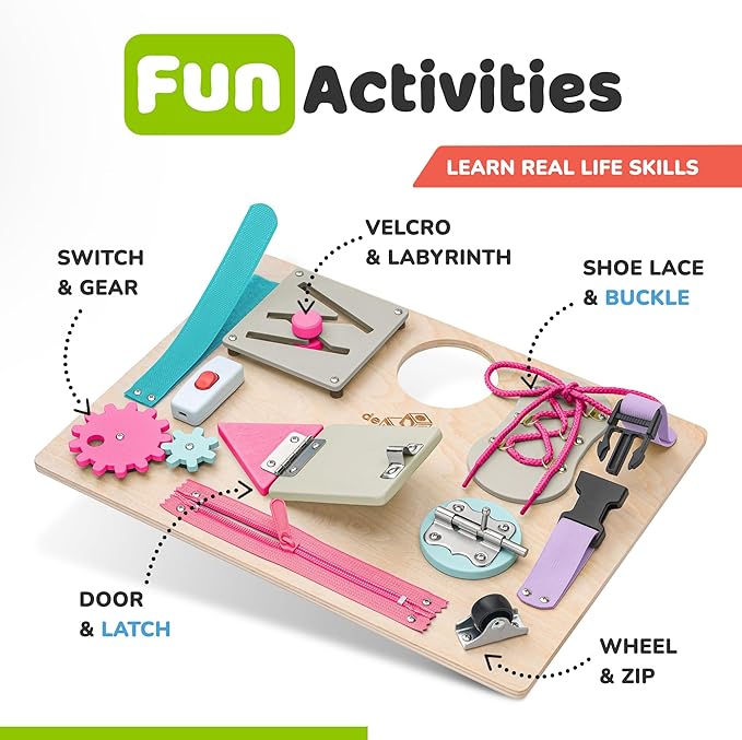 Montessori Busy Board for Toddlers, Premium Wooden Toddler Busy Board for 1 2 3 Year Old with 10 Educational Activities for Fine Motor Skills, Sensory Activity Toy for Travel, Gift for Boys & Girls