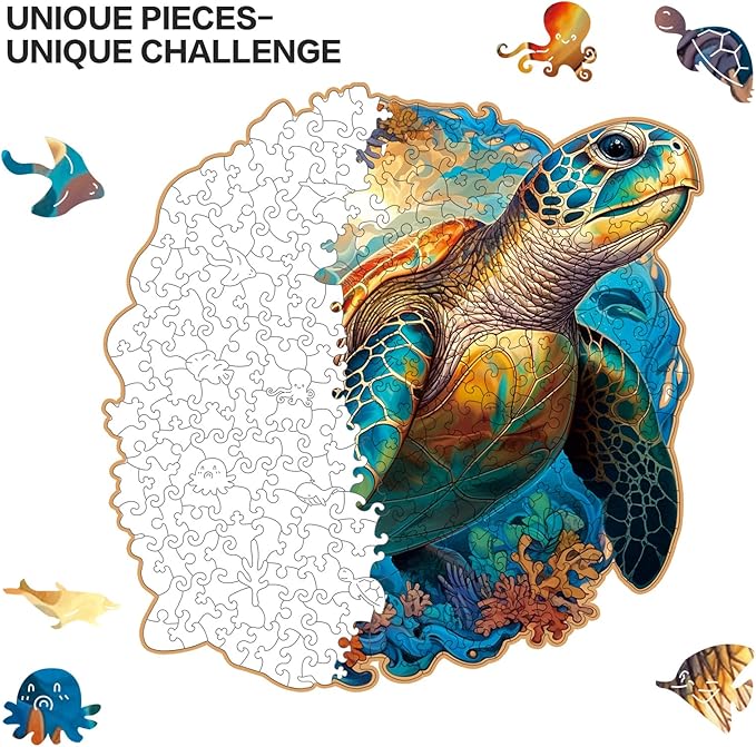 Wooden Puzzle,Coral Sea Turtle Jigsaw Puzzles 300 Piece,Fun Challenging Puzzles Family Game Gift,Unique Shape Puzzles for Adults 14.9 x 14.9 Inch