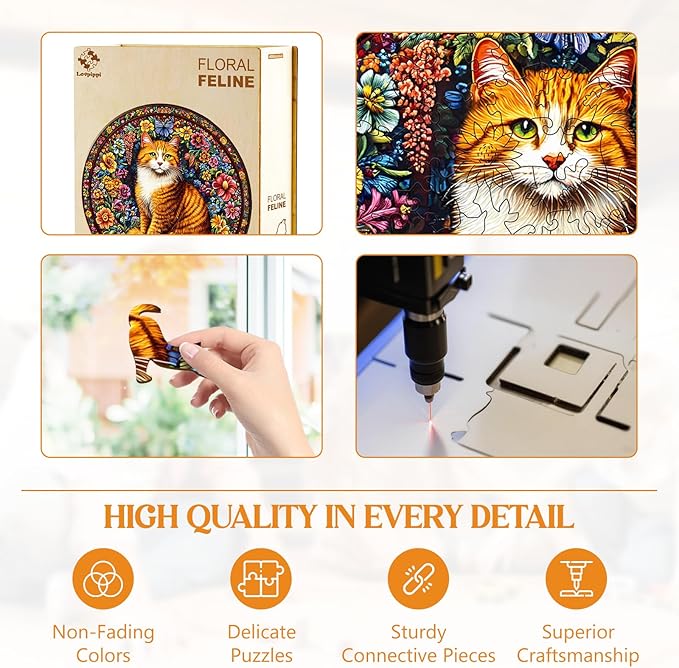 Wooden Puzzles for Adults, Wooden Jigsaw Puzzles for Adults Kids, Floral Feline Unique Shaped Wood Puzzles Adult, Creative Birthday Gifts for Friends Family Game(11.4 * 11.4in 200pcs)