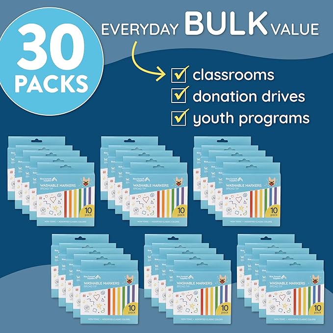 Blue Summit Supplies 300 Pack Kids Washable Markers Bulk, Non Toxic Bulk Washable Markers Classroom Set, Assorted Colors, 10 per Pack, Broad Tip