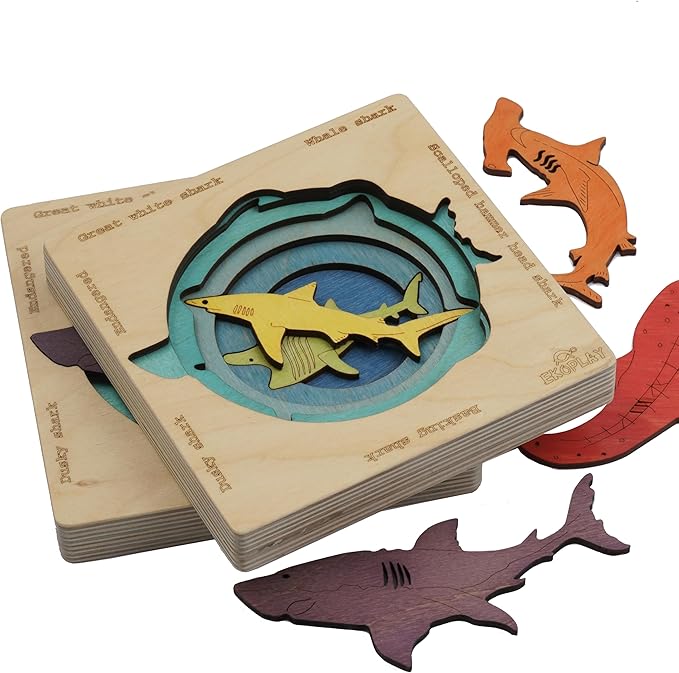 Endangered Sharks | Multilayered Wooden Jigsaw Puzzles for Kids | Hammerhead, Great White, Whale, Dusky, Basking | Learning Toy & Gift for Boys Girls Ages 3 Years and Above