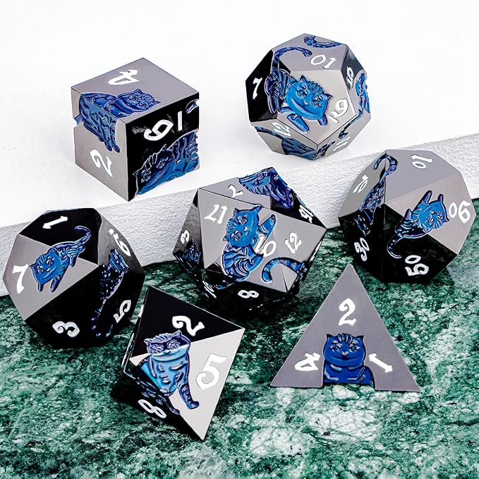 Metal DND Cat Dice 7PCS Polyhedral RPG Dice Set with Gift Case for Dungeons Dragons Role Playing Game, D and D Dice D6 D8 D10 D12 D20 D% (Blue Black)