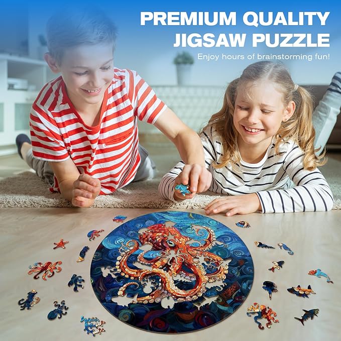 Wooden Puzzles for Adults - Deep-Sea Octopus Wooden Jigsaw Puzzle - Unique Animal Shaped Wood Puzzles Adult - Christmas Birthday Gifts for Adults/Friends/Family - 300pcs 13.4 * 13.4in
