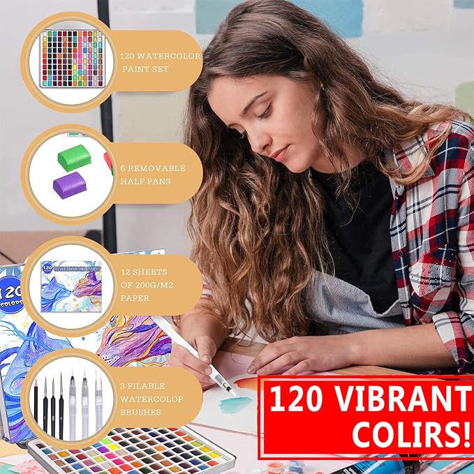 Gunsamg Watercolor Paint Set 120 Colors with Palette in Portable Box – Includes 12 Fluorescent, 15 Macron, 33 Metallic Colors – Watercolor Set for Kids, Adults, Beginners & Professional Artists, Travel Art Supplies Kit