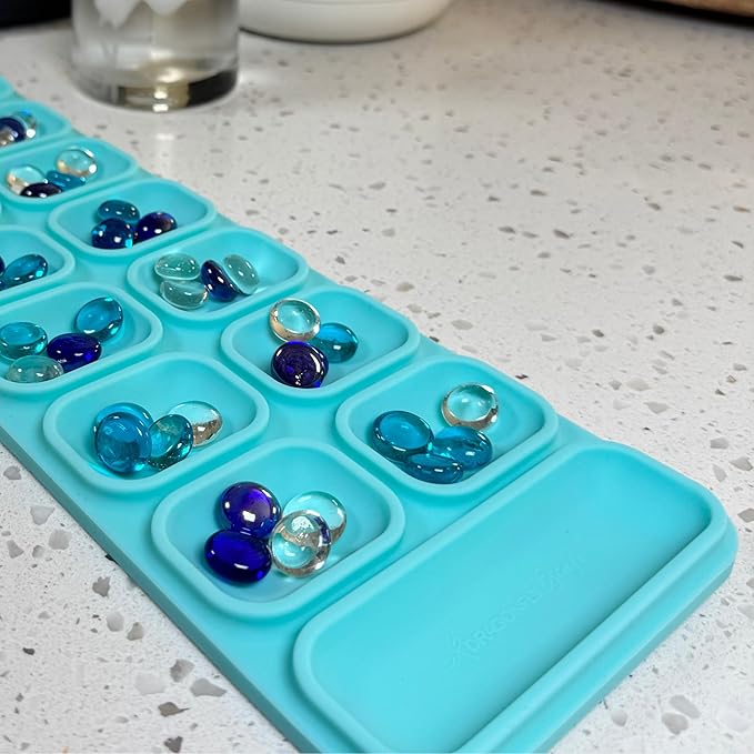 Travel Mancala Board Game Set – Flexible Silicone Roll-Up Board, 50 Stones & Zippered Canvas Bag – Portable Strategy Game for Adults & Teens (Light Teal)