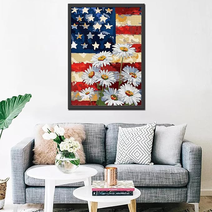 Patriotism 1000 Piece Jigsaw Puzzles for Adults Native American Flag Painting Jigsaw Puzzle White Daisy 1000 Pieces Puzzles Game Home Wall Decor DIY Craft Tropical Flower Puzzle Art(Colorful)